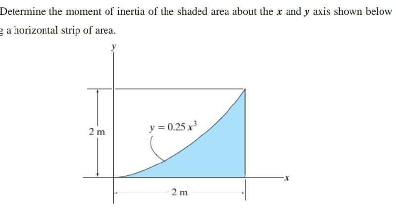 Determine the moment of inertia of the shaded area about the x and y axis shown below
a horizontal strip of area.
y
2 m
y = 0.25 x3
2 m
