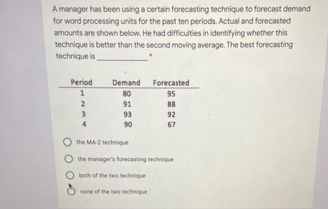 A manager has been using a certain forecasting technique to forecast demand
for word processing units for the past ten periods. Actual and forecasted
amounts are shown below. He had difficulties in identifying whether this
technique is better than the second moving average. The best forecasting
technique is
TTT
Period
Demand
Forecasted
80
95
91
88
3
93
92
4
90
67
the MA-2 technique
the manager's forecasting technique
both of the two technique
none of the two technique
