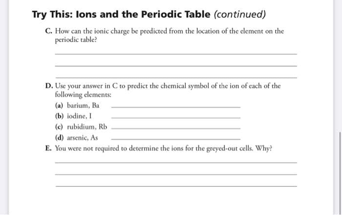 Try This: lons and the Periodic Table (continued)
C. How can the ionic charge be predicted from the location of the element on the
periodic table?
D. Use your answer in C to predict the chemical symbol of the ion of each of the
following elements:
(a) barium, Ba
(b) iodine, I
(c) rubidium, Rb
(d) arsenic, As
E. You were not required to determine the ions for the greyed-out cells. Why?

