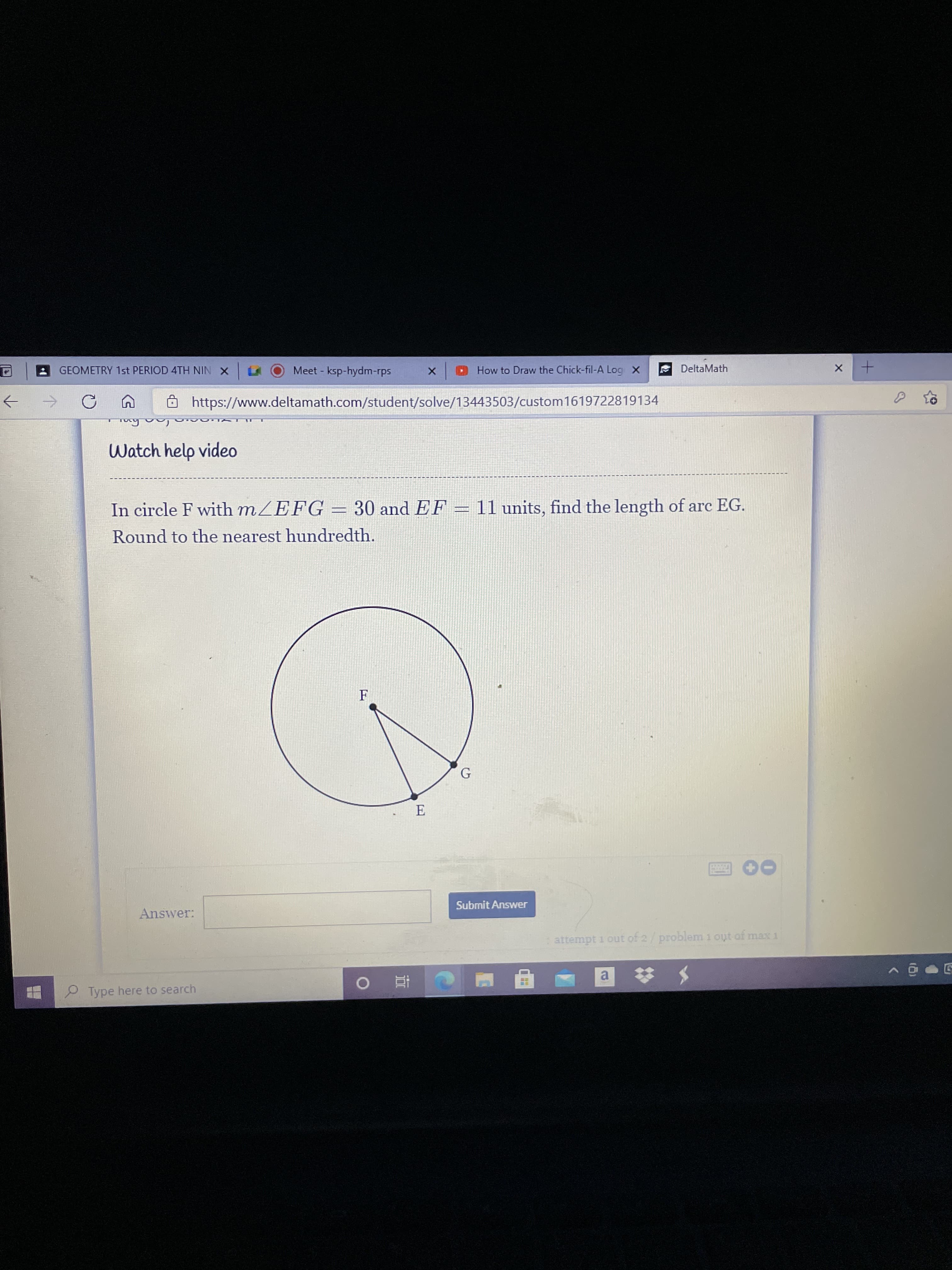 In circle F with MZEFG
30 and EF = 11 units, find the length of arc EG.
Round to the nearest hundredth.
F
