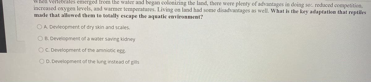 When vertebrates emerged from the water and began colonizing the land, there were plenty of advantages in doing so:. reduced competition,
increased oxygen levels, and warmer temperatures. Living on land had some disadvantages as well. What is the key adaptation that reptiles
made that allowed them to totally escape the aquatic environment?
O A. Devleopment of dry skin and scales.
O B. Development of a water saving kidney
O C. Development of the amniotic egg.
O D. Development of the lung instead of gills
