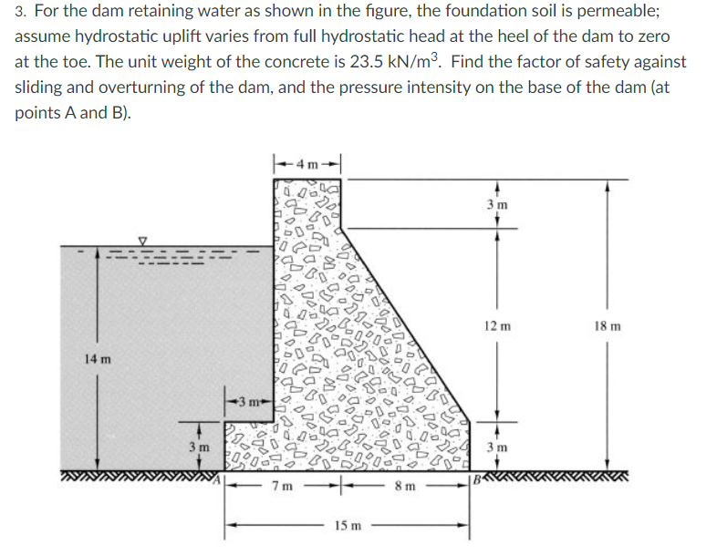 3. For the dam retaining water as shown in the figure, the foundation soil is permeable;
assume hydrostatic uplift varies from full hydrostatic head at the heel of the dam to zero
at the toe. The unit weight of the concrete is 23.5 kN/m3. Find the factor of safety against
sliding and overturning of the dam, and the pressure intensity on the base of the dam (at
points A and B).
.ינ
3 m
12 m
18 m
14 m
3 m
4 3 m
3 m
B
7m
8 m
15 m

