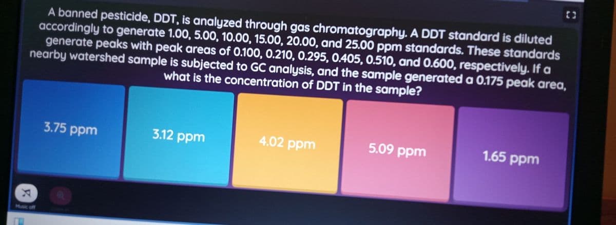 A banned pesticide, DDT, is analyzed through gas chromatography. A DDT standard is diluted
accordingly to generate 1.00, 5.00, 10.00, 15.00, 20.00, and 25.00 ppm standards. These standards
generate peaks with peak areas of 0.100, 0.210, 0.295, 0.405, O.510, and 0.600, respectively. If a
nearby watershed sample is subjected to GC analysis, and the sample generated a 0.175 peak area,
what is the concentration of DDT in the sample?
3.12 ppm
4.02 ppm
5.09 ppm
1.65 ppm
3.75 ppm
Music off
只
