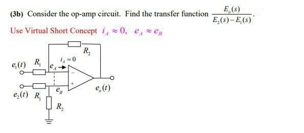 E (s)
E,(s)-E,(s)
(3b) Consider the op-amp circuit. Find the transfer function
Use Virtual Short Concept i,0, e, eg
R,
i, = 0
G(1) R,
e.
e,(1)
e,(1) R,
R,
