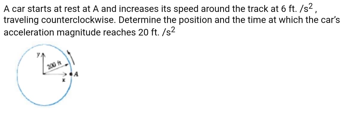 A car starts at rest at A and increases its speed around the track at 6 ft. /s2,
traveling counterclockwise. Determine the position and the time at which the car's
acceleration magnitude reaches 20 ft. /s?
200 ft
