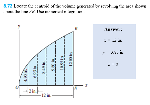 8.72 Locate the centroid of the volume generated by revolving the area shown
about the line AB. Use numerical integration.
B
Answer:
x = 12 in.
y = 3.83 in
z = 0
42 in.-
-12 in.
693 in.
8.49 in.
9.90 in.
10.95 in
1200 in
