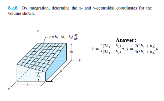 8.48 By integration, determine the x- and y-centroidal coordinates for the
volume shown.
Answer:
2(2h1 + h2)
=
2(2h1 + h2) ,
а, ў
3(3h| + h2)
3(3h1 + h2)
