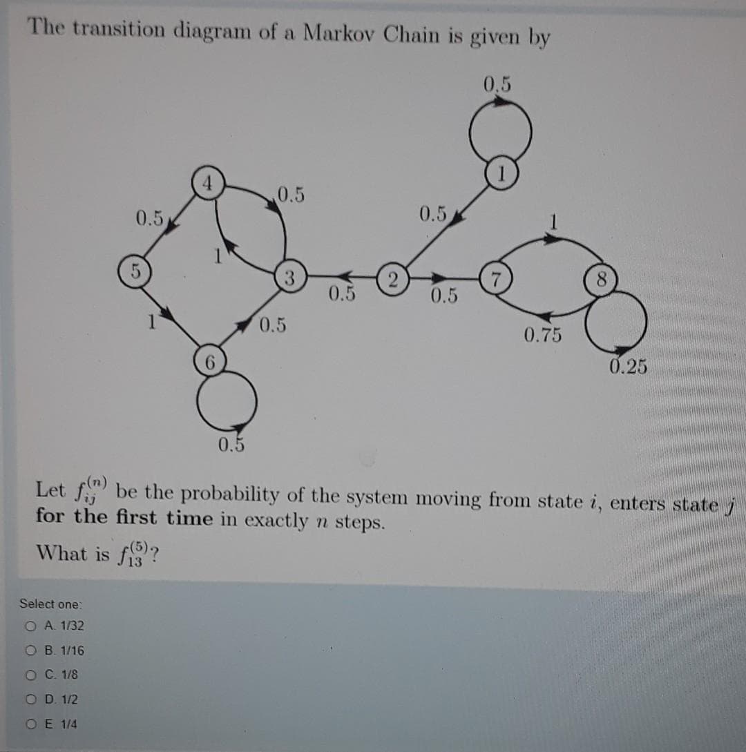 The transition diagram of a Markov Chain is given by
0,5
0.5
0.5
0.5
0.5
0.5
0.5
0.75
0.25
0.5
Let f) be the probability of the system moving from state i, enters state j
for the first time in exactly n steps.
What is f?
Select one:
O A. 1/32
O B. 1/16
OC. 1/8
O D. 1/2
O E 1/4
