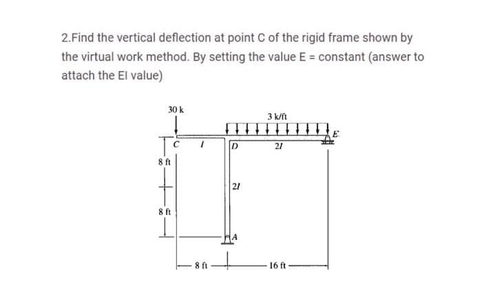 2.Find the vertical deflection at point C of the rigid frame shown by
the virtual work method. By setting the value E = constant (answer to
attach the El value)
30 k
3 k/ft
D
21
8ft
21
8 ft
8 ft
16 ft-
