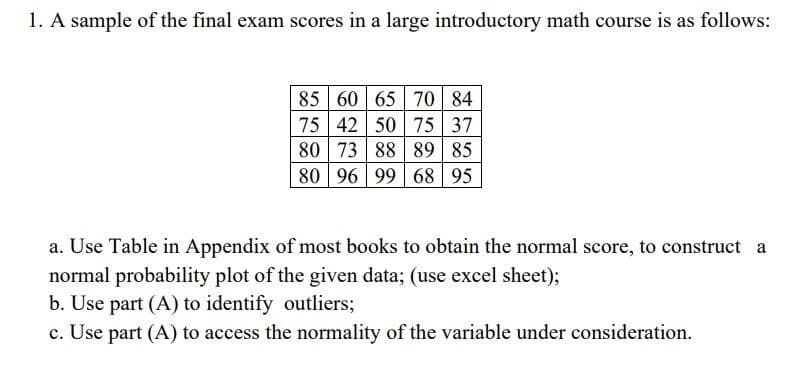 1. A sample of the final exam scores in a large introductory math course is as follows:
85 60 65 70 84
75 42 50 75 37
80 73 88 89 85
80 96 99 68 95
a. Use Table in Appendix of most books to obtain the normal score, to construct a
normal probability plot of the given data; (use excel sheet);
b. Use part (A) to identify outliers%3;
c. Use part (A) to access the normality of the variable under consideration.
