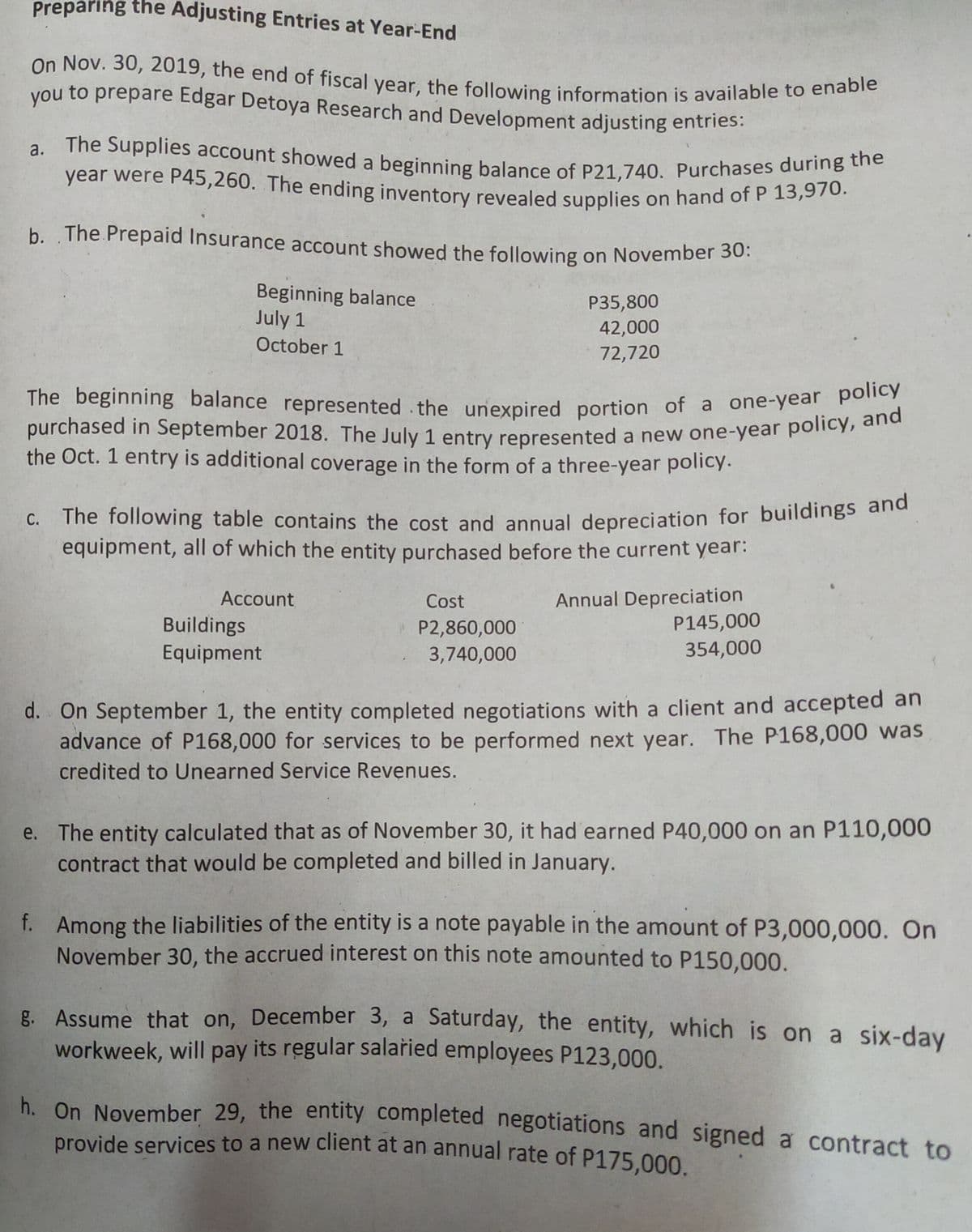 The beginning balance represented the unexpired portion of a one-year policy
On Nov. 30, 2019, the end of fiscal year, the following information is available to enable
year were P45,260. The ending inventory revealed supplies on hand of P 13,970.
Preparing the Adjusting Entries at Year-End
a. The Supplies account showed a beginning balance of P21,740. Purchases during the
you
you to prepare Edgar Detoya Research and Development adjusting entries:
b. The Prepaid Insurance account showed the following on November 30.
Beginning balance
July 1
P35,800
42,000
October 1
72,720
The beginning balance represented the unexpired portion of a one-yeal pand
purchased in September 2018. The July 1 entry represented a new one-year policy, eme
the Oct. 1 entry is additional coverage in the form of a three-year policy.
c. The following table contains the cost and annual depreciation for buildings ana
equipment, all of which the entity purchased before the current year:
Annual Depreciation
P145,000
354,000
Account
Cost
Buildings
Equipment
P2,860,000
3,740,000
d. On September 1, the entity completed negotiations with a client and accepted an
advance of P168,000 for services to be performed next year. The P168,000 was
credited to Unearned Service Revenues.
e. The entity calculated that as of November 30, it had earned P40,000 on an P110,000
contract that would be completed and billed in January.
f. Among the liabilities of the entity is a note payable in the amount of P3,000,000. On
November 30, the accrued interest on this note amounted to P150,000.
g. Assume that on, December 3, a Saturday, the entity, which is on a six-day
workweek, will pay its regular salařied employees P123,000.
h. On November 29, the entity completed negotiations and signed a contract to
provide services to a new client at an annual rate of P175.000.
