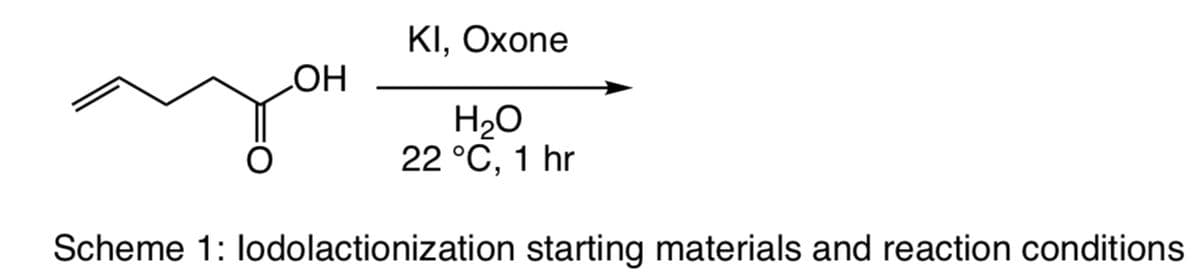 OH
KI, Oxone
H₂O
22 °C, 1 hr
Scheme 1: lodolactionization starting materials and reaction conditions