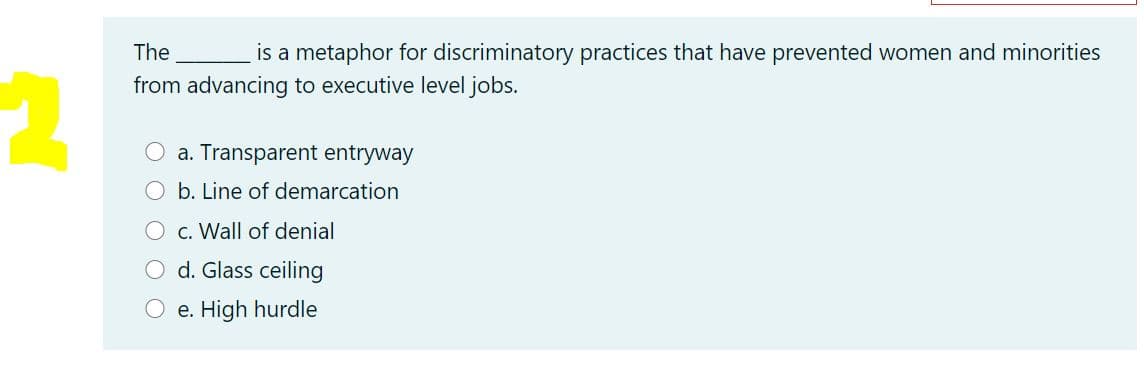 The
is a metaphor for discriminatory practices that have prevented women and minorities
from advancing to executive level jobs.
O a. Transparent entryway
O b. Line of demarcation
O c. Wall of denial
O d. Glass ceiling
O e. High hurdle
