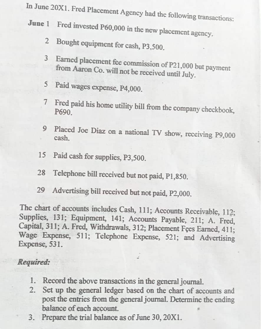 In June 20X1. Fred Placement Agency had the following transactions:
June 1 Fred invested P60,000 in the new placement agency.
Bought equipment for cash, P3,500.
Earned placement fee commission of P21,000 but payment
from Aaron Co. will not be received until July.
2
3
Paid wages expense, P4,000.
7
Fred paid his home utility bill from the company checkbook,
P690.
5
9 Placed Joe Diaz on a national TV show, receiving P9,000
cash.
15
Paid cash for supplies, P3,500.
28 Telephone bill received but not paid, P1,850.
29 Advertising bill received but not paid, P2,000.
The chart of accounts includes Cash, 111; Accounts Receivable, 112;
Supplies, 131; Equipment, 141; Accounts Payable, 211; A. Fred,
Capital, 311; A. Fred, Withdrawals, 312; Placement Fees Earned, 411;
Wage Expense, 511; Telephone Expense, 521; and Advertising
Expense, 531.
Required:
1. Record the above transactions in the general journal.
2.
Set up the general ledger based on the chart of accounts and
post the entries from the general journal. Determine the ending
balance of each account.
3. Prepare the trial balance as of June 30, 20X1.