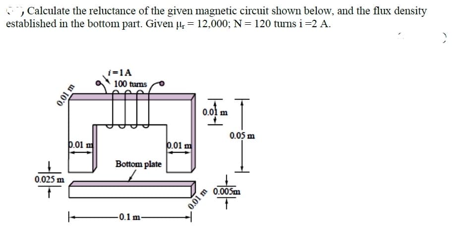 Calculate the reluctance of the given magnetic circuit shown below, and the flux density
established in the bottom part. Given , = 12,000; N = 120 turns i =2 A.
i=1A
100 tums
0.01 m
0.05 m
þ.01 m
0.01 피
Bottom plate
0.025 m
0.00Sm
-0.1 m-
0.01 m
0.01 m
