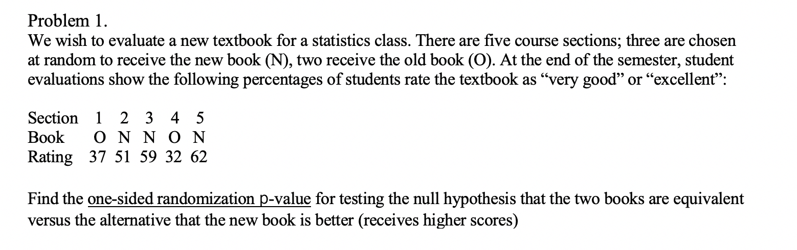 Problem 1.
We wish to evaluate a new textbook for a statistics class. There are five course sections; three are chosen
at random to receive the new book (N), two receive the old book (O). At the end of the semester, student
evaluations show the following percentages of students rate the textbook as "very good" or "excellent":
Section 1 2 3 4 5
O N N O N
Rating 37 51 59 32 62
Book
Find the one-sided randomization p-value for testing the null hypothesis that the two books are equivalent
versus the alternative that the new book is better (receives higher scores)

