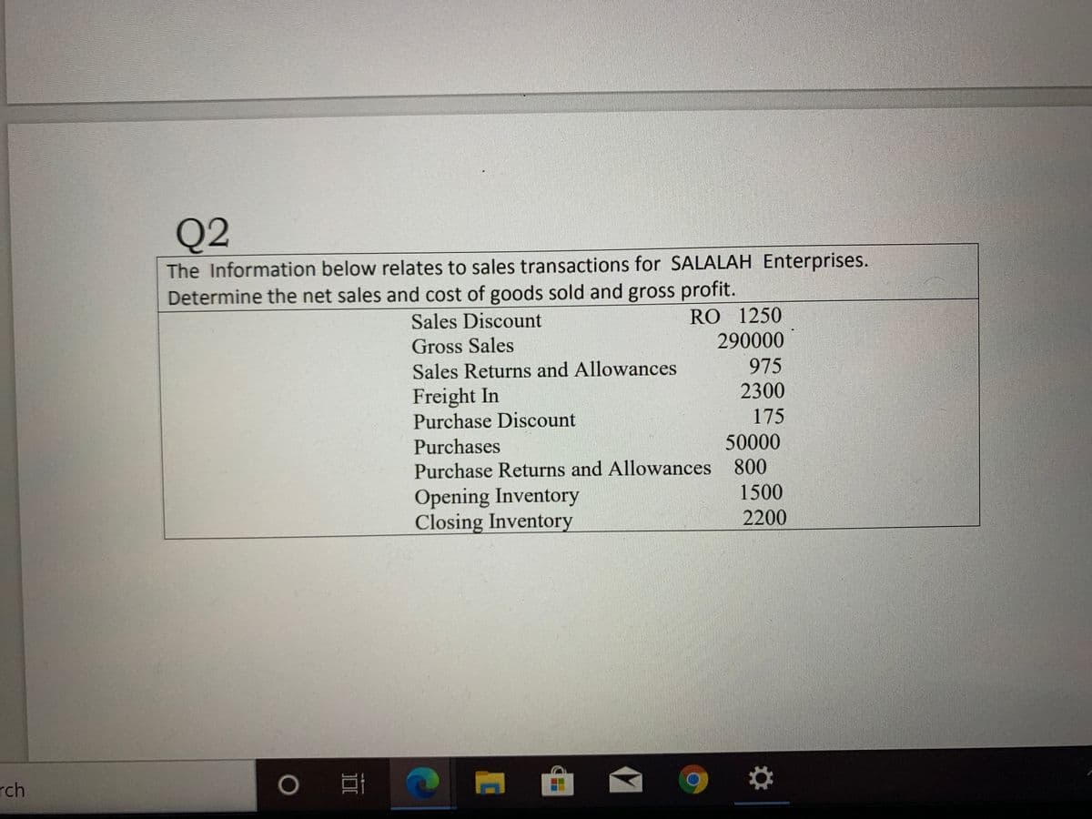 Q2
The Information below relates to sales transactions for SALALAH Enterprises.
Determine the net sales and cost of goods sold and gross profit.
RO 1250
290000
Sales Discount
Gross Sales
975
2300
Sales Returns and Allowances
Freight In
Purchase Discount
175
Purchases
50000
Purchase Returns and Allowances 800
1500
Opening Inventory
Closing Inventory
2200
rch
