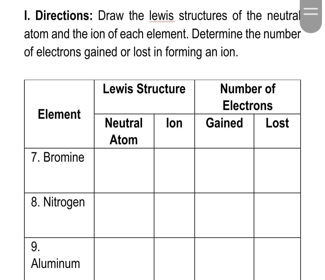 I. Directions: Draw the lewis structures of the neutral
atom and the ion of each element. Determine the number
of electrons gained or lost in forming an ion.
Lewis Structure
Number of
Electrons
Element
Neutral
lon
Gained
Lost
Atom
7. Bromine
8. Nitrogen
9.
Aluminum
