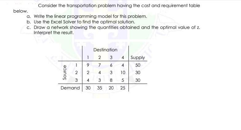 Consider the transportation problem having the cost and requirement table
a. Write the linear programming model for this problem.
b. Use the Excel Solver to find the optimal solution.
c. Draw a network showing the quantities obtained and the optimal value of z.
Interpret the result.
below.
1
9
2
4
Demand 30
Source
1
2
3
Destination
2
3
7
6
4
3
3
8
35 20
4 Supply
4
50
1050
10 30
30
5
25