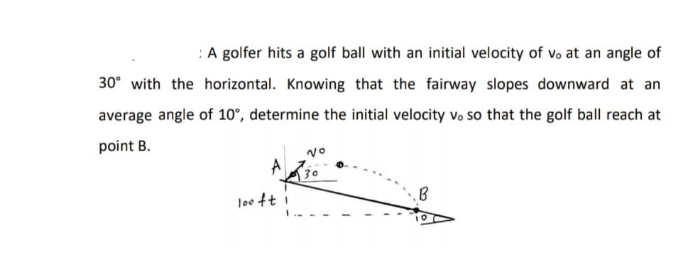 :A golfer hits a golf ball with an initial velocity of vo at an angle of
30° with the horizontal. Knowing that the fairway slopes downward at an
average angle of 10°, determine the initial velocity vo so that the golf ball reach at
point B.
A
30
looft i
