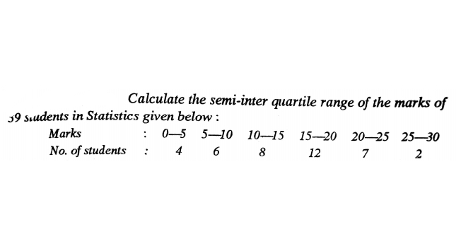 Calculate the semi-inter quartile range of the marks of
19 Sıudents in Statistics given below :
Marks
: 0-5 5-10 10-15
15-20 20- 25 25–30
7 2
No. of students
4 6 8
12
