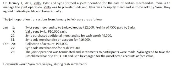 On January 1, 2011, Vallo, Tyler and Syria formed a joint operation for the sale of certain merchandise. Syria is to
manage the joint operation. Vallo was to provide funds and Tyler was to supply merchandise to be sold by Syria. They
agreed to divide profits and losses equally.
The joint operation transactions from January to February are as follows:
Jan
Tyler sent merchandise to Syria valued at P12,000. Freight of P500 paid by Syria.
Vallo sent Syria, P10,000 cash.
Syria purchased additional merchandise for cash worth P9,500.
Syria sold merchandise on account for P16,000.
Collection of account, P15,000.
Syria sold merchandise for cash, P9,000.
The joint operation was terminated and settlements to participants were made. Syria agreed to take the
unsold merchandise at P3,000 and is to be charged for the uncollected accounts at face value.
1:
7:
26:
31:
Feb 20:
27:
28:
How much would Syria receive (pay) during cash settlement?
