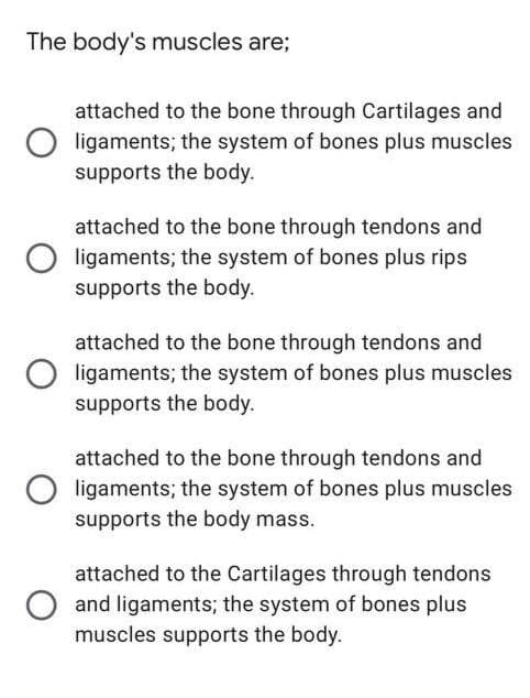The body's muscles are;
attached to the bone through Cartilages and
O ligaments; the system of bones plus muscles
supports the body.
attached to the bone through tendons and
O ligaments; the system of bones plus rips
supports the body.
attached to the bone through tendons and
O ligaments; the system of bones plus muscles
supports the body.
attached to the bone through tendons and
ligaments; the system of bones plus muscles
supports the body mass.
attached to the Cartilages through tendons
O and ligaments; the system of bones plus
muscles supports the body.
