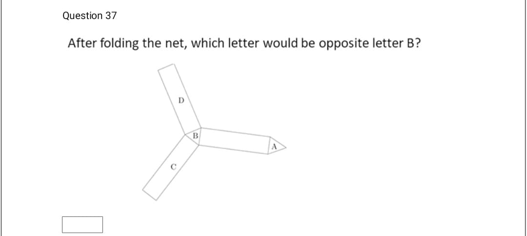 Question 37
After folding the net, which letter would be opposite letter B?
B
