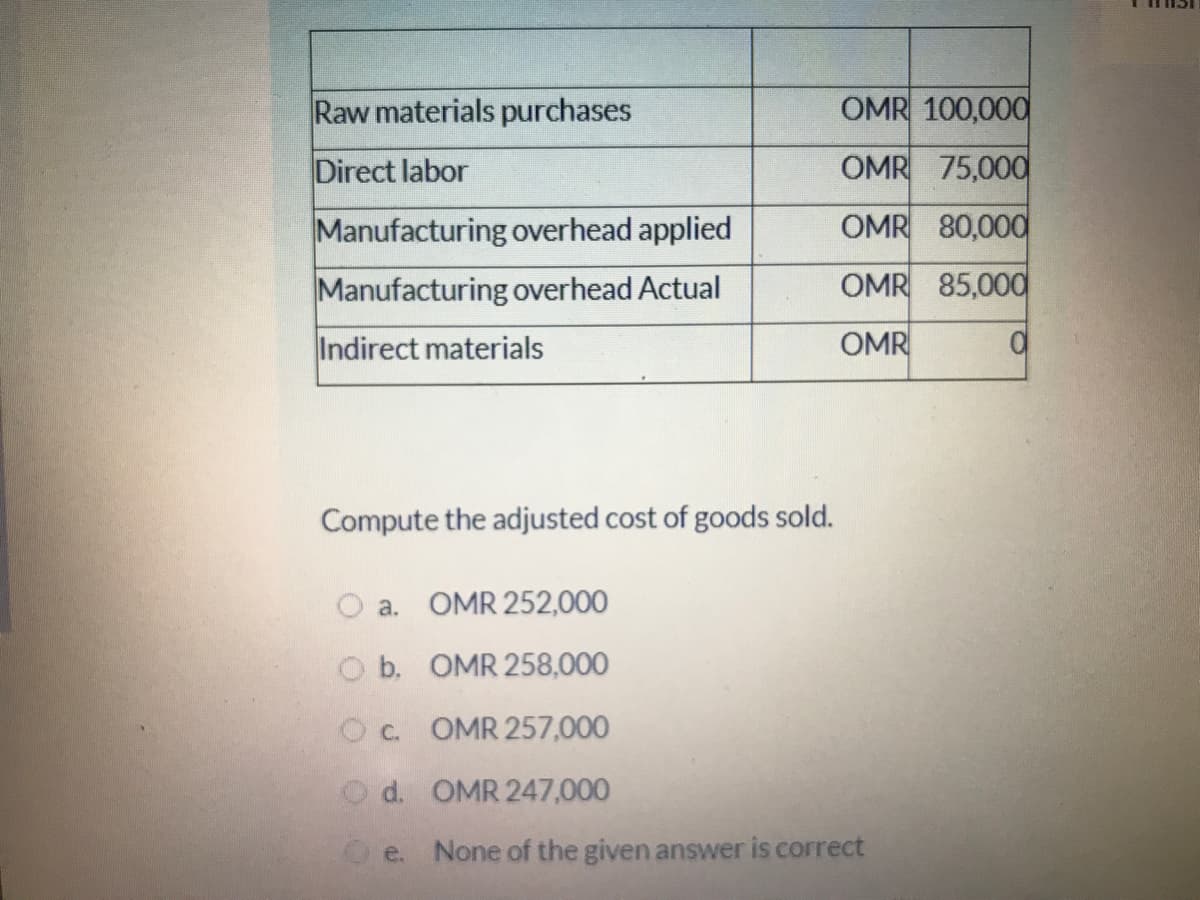 Raw materials purchases
OMR 100,000
Direct labor
OMR 75,000
Manufacturing overhead applied
OMR 80,000
Manufacturing overhead Actual
OMR 85,000
Indirect materials
OMR
Compute the adjusted cost of goods sold.
a. OMR 252,000
O b. OMR 258,000
Oc. OMR 257,000
Od. OMR 247,000
e.
None of the given answer is correct
