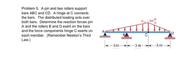 Problem 5. A pin and two rollers support
bars ABC and CD. A hinge at C connects
the bars. The distributed loading acts over
both bars. Determine the reaction forces pin
A and the rollers B and D exert on the bars
and the force components hinge C exerts on
each member. (Remember Newton's Third
Law.)
-3m -3 m-
-3 m-

