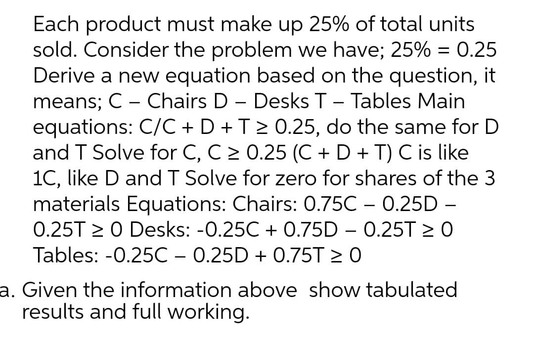 Each product must make up 25% of total units
sold. Consider the problem we have; 25% = 0.25
Derive a new equation based on the question, it
means; C - Chairs D - Desks T - Tables Main
equations: C/C + D +T> 0.25, do the same for D
and T Solve for C, C > 0.25 (C + D + T) C is like
1C, like D and T Solve for zero for shares of the 3
materials Equations: Chairs: 0.75C – 0.25D –
0.25T > 0 Desks: -0.25C + 0.75D – 0.25T > 0
Tables: -0.25C – 0.25D + 0.75T > 0
a. Given the information above show tabulated
results and full working.
