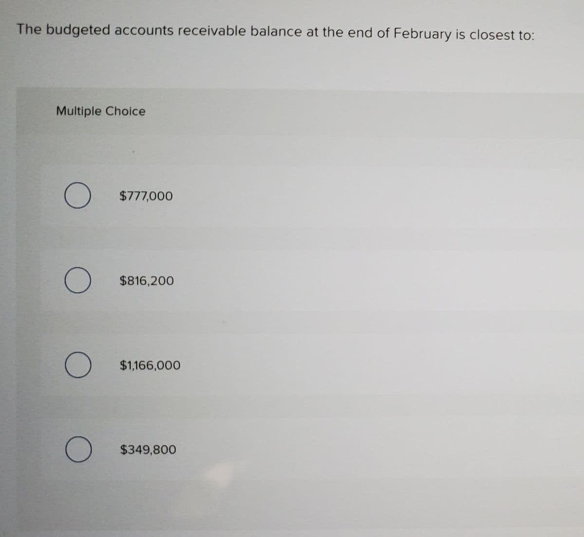 The budgeted accounts receivable balance at the end of February is closest to:
Multiple Choice
$777,000
$816,200
$1,166,000
$349,800
