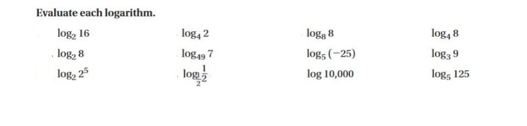 Evaluate each logarithm.
log, 16
log4 2
logg 8
log4 8
log, 8
log49 7
log5 (-25)
log3 9
log2 25
logz
log 10,000
log, 125
