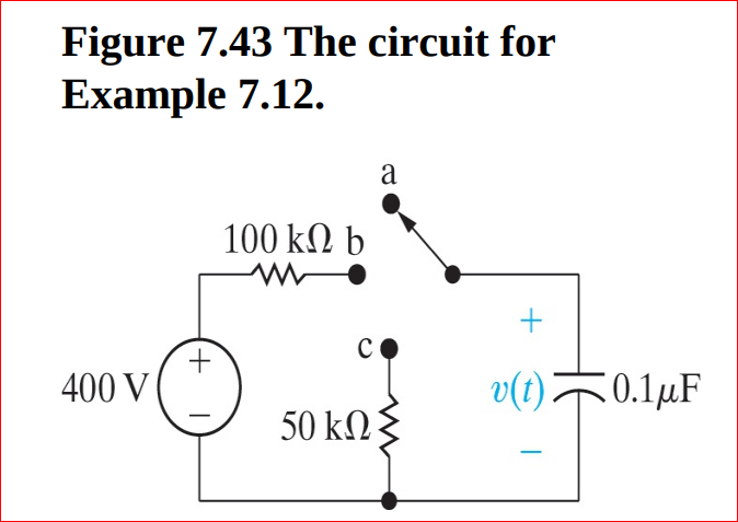 Figure 7.43 The circuit for
Example 7.12.
100 kN b
400 V
v(t)F0.1µF
50 kΩξ
+.
