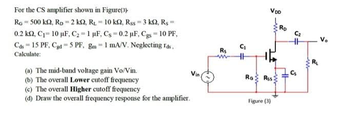 For the CS amplifier shown in Figure(3)
RG = 500 ks2, RD=2 k2, R₁ = 10 k2, Rss = 3 k2, Rs =
0.2 ks2, C₁= 10 µF, C₂ = 1 µF, Cs=0.2 µF, Cgs = 10 PF,
Cds = 15 PF, Cgd 5 PF, gm1 mA/V. Neglecting ras
Calculate:
(a) The mid-band voltage gain Vo/Vin.
(b) The overall Lower cutoff frequency
(c) The overall Higher cutoff frequency
(d) Draw the overall frequency response for the amplifier.
Vin
R₁
HH
Ro
Voo
Rss
Figure (3)
-w
ww
Ro
HH
C₂
5.
w
R₁
S