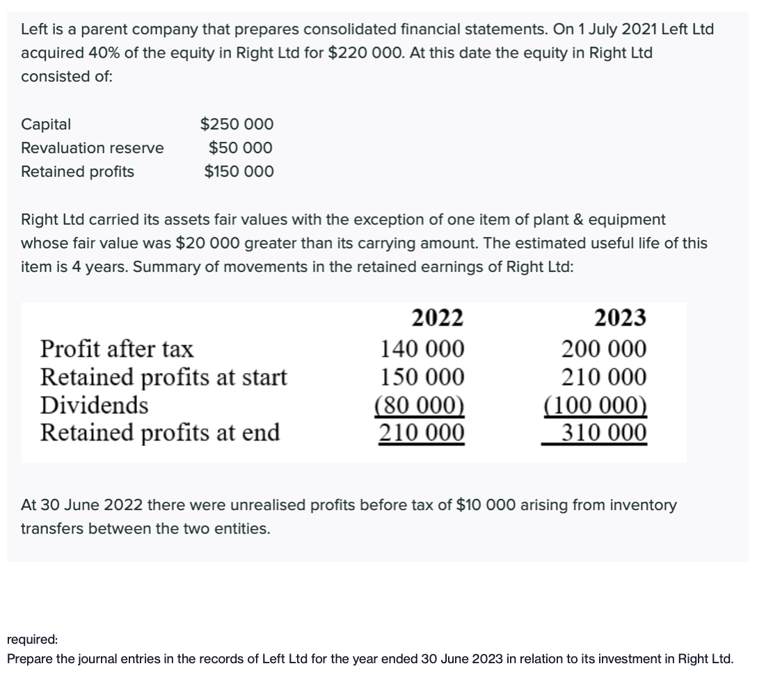 Left is a parent company that prepares consolidated financial statements. On 1 July 2021 Left Ltd
acquired 40% of the equity in Right Ltd for $220 000. At this date the equity in Right Ltd
consisted of:
Capital
$250 000
Revaluation reserve
$50 000
Retained profits
$150 000
Right Ltd carried its assets fair values with the exception of one item of plant & equipment
whose fair value was $20 000 greater than its carrying amount. The estimated useful life of this
item is 4 years. Summary of movements in the retained earnings of Right Ltd:
2022
2023
Profit after tax
140 000
200 000
Retained profits at start
Dividends
150 000
210 000
(80 000)
210 000
(100 000)
310 000
Retained profits at end
At 30 June 2022 there were unrealised profits before tax of $10 000 arising from inventory
transfers between the two entities.
required:
Prepare the journal entries in the records of Left Ltd for the year ended 30 June 2023 in relation to its investment in Right Ltd.
