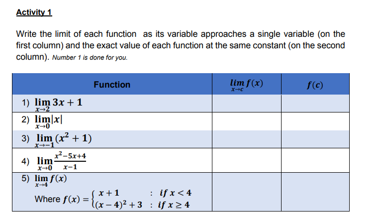 Activity 1
Write the limit of each function as its variable approaches a single variable (on the
first column) and the exact value of each function at the same constant (on the second
column). Number 1 is done for you.
Function
lim f(x)
f(c)
1) lim 3x + 1
X-2
2) lim|x|
3) lim (x² + 1)
X→-1
x2-5x+4
4) lim
x-0
х-1
5) lim f(x)
x-4
x +1
: if x < 4
Where f(x) :
l(x – 4)² + 3 : if x > 4
