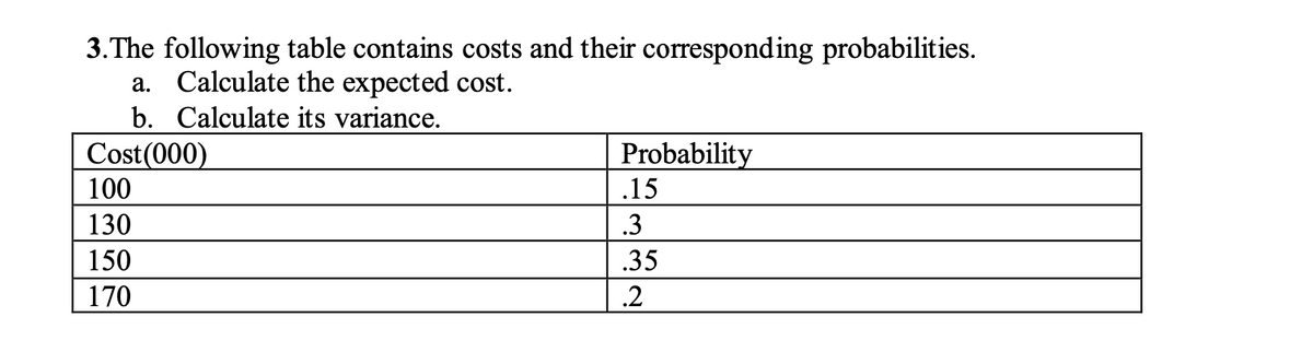 3.The following table contains costs and their corresponding probabilities.
Calculate the expected cost.
b. Calculate its variance.
Cost(000)
100
Probability
.15
130
.3
150
.35
170
.2
