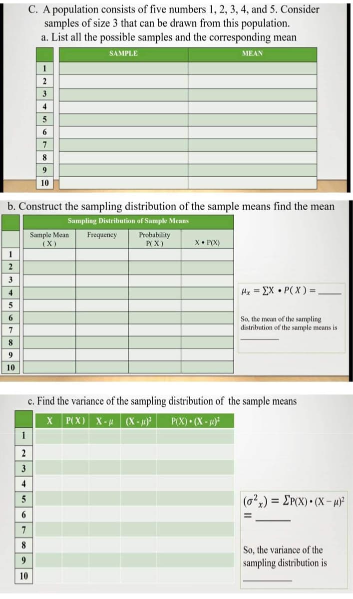 C. A population consists of five numbers 1, 2, 3, 4, and 5. Consider
samples of size 3 that can be drawn from this population.
a. List all the possible samples and the corresponding mean
SAMPLE
MEAN
1
2
4
5
6
7
8
9
10
b. Construct the sampling distribution of the sample means find the mean
Sampling Distribution of Sample Means
Sample Mean
(X)
Probability
P(X)
Frequency
X• P(X)
1
2
3
4
Hx = EX • P(X) =
6.
So, the mean of the sampling
distribution of the sample means is
7
9
10
c. Find the variance of the sampling distribution of the sample means
P(X) X-u (X -µ)²
P(X) • (X - 4)?
1
2
3
(o?2) = EP(X) • (X – )°
%3D
6.
8
So, the variance of the
9.
sampling distribution is
10
