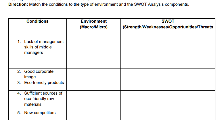 Direction: Match the conditions to the type of environment and the SWOT Analysis components.
Conditions
Environment
SWOT
(Маcro/Micro)
(Strength/Weaknesses/Opportunities/Threats
1. Lack of management
skills of middle
managers
2. Good corporate
image
3. Eco-friendly products
4. Sufficient sources of
eco-friendly raw
materials
5. New competitors
