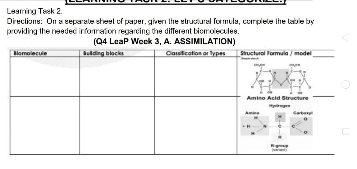 Learning Task 2.
Directions: On a separate sheet of paper, given the structural formula, complete the table by
providing the needed information regarding the different biomolecules.
(Q4 LeaP Week 3, A. ASSIMILATION)
Biomolecule
Building blocks
Classification or Types
Structural Formula / model
Simple starch
CH,ON
CH,ON
H OH
Amino Acid Structure
Hydrogen
Amino
Carboxyl
R-group
(variant)
