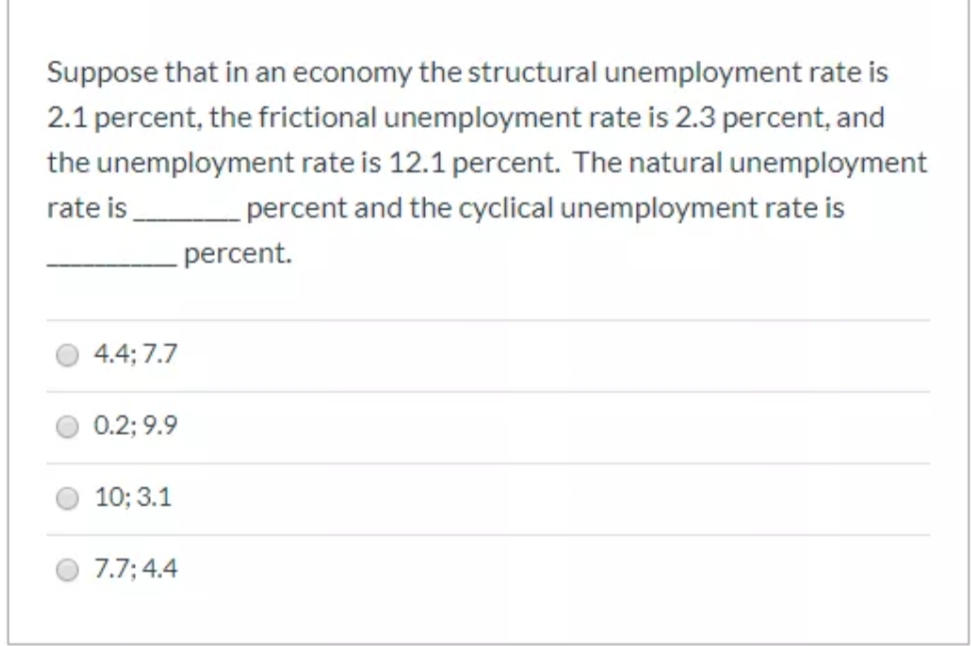 Suppose that in an economy the structural unemployment rate is
2.1 percent, the frictional unemployment rate is 2.3 percent, and
the unemployment rate is 12.1 percent. The natural unemployment
rate is _________percent and the cyclical unemployment rate is
_percent.
4.4; 7.7
0.2; 9.9
10; 3.1
7.7; 4.4