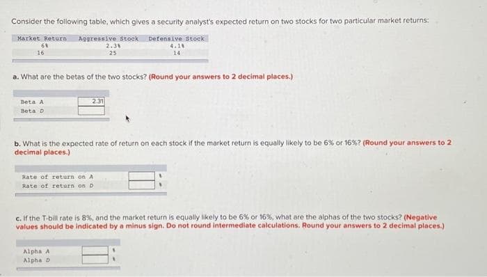 Consider the following table, which gives a security analyst's expected return on two stocks for two particular market returns:
Market Return Aggressive Stock Defensive Stock
68
16
Beta A
Beta D
a. What are the betas of the two stocks? (Round your answers to 2 decimal places.)
2.31
2.38
25
Rate of return on A
Rate of return on D
4.10
14
b. What is the expected rate of return on each stock if the market return is equally likely to be 6% or 16% ? (Round your answers to 2
decimal places.)
Alpha A
Alpha D
c. If the T-bill rate is 8%, and the market return is equally likely to be 6% or 16%, what are the alphas of the two stocks? (Negative
values should be indicated by a minus sign. Do not round intermediate calculations. Round your answers to 2 decimal places.)