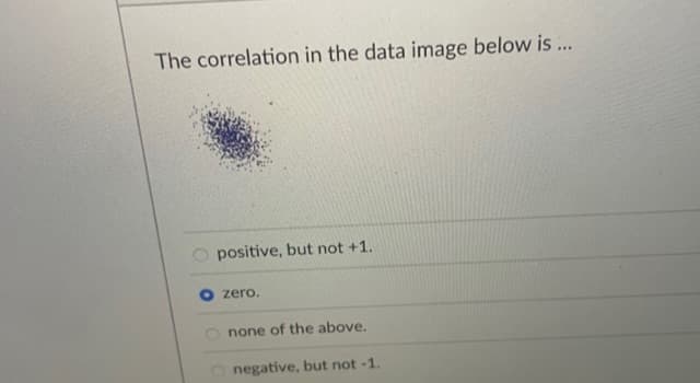 The correlation in the data image below is ...
positive, but not +1.
zero.
none of the above.
Onegative, but not -1.
