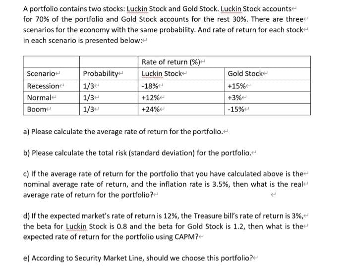A portfolio contains two stocks: Luckin Stock and Gold Stock. Luckin Stock accounts
for 70% of the portfolio and Gold Stock accounts for the rest 30%. There are three
scenarios for the economy with the same probability. And rate of return for each stock
in each scenario is presented below:
Scenario
Recession
Normal
Boom
Probability
1/3<
1/3
1/3<
Rate of return (%)<
Luckin Stock
-18%
+12%
+24%<
Gold Stock
+15%
+3%
-15%
a) Please calculate the average rate of return for the portfolio.<
b) Please calculate the total risk (standard deviation) for the portfolio.
c) If the average rate of return for the portfolio that you have calculated above is the
nominal average rate of return, and the inflation rate is 3.5%, then what is the real
average rate of return for the portfolio?
d) If the expected market's rate of return is 12%, the Treasure bill's rate of return is 3%,<
the beta for Luckin Stock is 0.8 and the beta for Gold Stock is 1.2, then what is the
expected rate of return for the portfolio using CAPM?
e) According to Security Market Line, should we choose this portfolio?