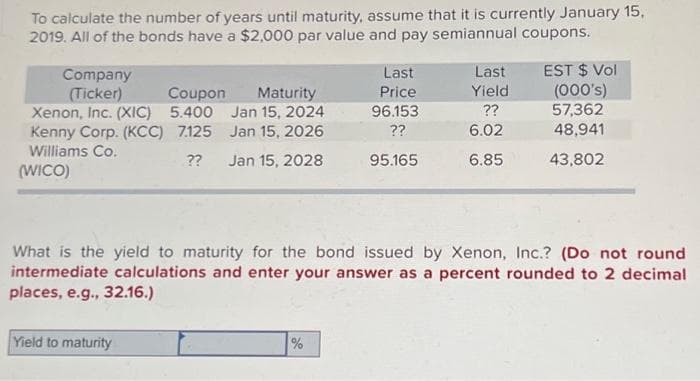 To calculate the number of years until maturity, assume that it is currently January 15,
2019. All of the bonds have a $2,000 par value and pay semiannual coupons.
Company
(Ticker)
Coupon
Xenon, Inc. (XIC) 5.400
Kenny Corp. (KCC) 7.125
Williams Co.
??
(WICO)
Maturity
Jan 15, 2024
Jan 15, 2026
Jan 15, 2028
Yield to maturity
Last
Price
96.153
??
95.165
%
Last
Yield
??
6.02
6.85
What is the yield to maturity for the bond issued by Xenon, Inc.? (Do not round
intermediate calculations and enter your answer as a percent rounded to 2 decimal
places, e.g., 32.16.)
EST $ Vol
(000's)
57,362
48,941
43,802