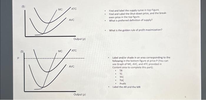 MC
P
N
MC
ATC
AVC
Output (y)
ATC
AVC
Output (y)
Find and label the supply curve in top Figure.
Find and Label the Shut-down price, and the break-
even price in the top figure.
What is preferred definition of supply?
• What is the golden rule of profit maximization?
.
Label and/or shade in an area corresponding to the
following in the bottom figure at price P (You can
use Graph of MC, AVC, and ATC provided in
Content area to complete this part):
.
.
.
TR
TC
TFC
TVC
Profit
Label the AR and the MR