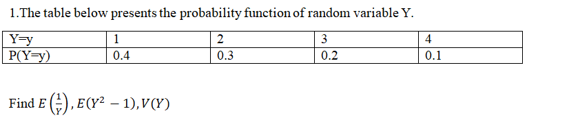 1.The table below presents the probability function of random variable Y.
Y=y
P(Y=y)
1
2
3
4
0.4
0.3
0.2
0.1
Find E (), E(Y2 – 1),V(Y)
