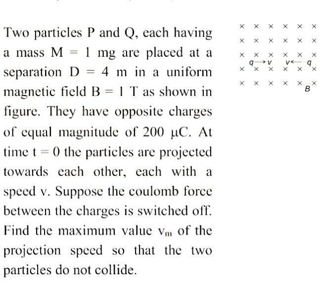 =
Two particles P and Q, each having
a mass M 1 mg are placed at a
separation D = 4 m in a uniform
magnetic field B = 1 T as shown in
figure. They have opposite charges
of equal magnitude of 200 µC. At
time t = 0 the particles are projected
towards each other, each with a
speed v. Suppose the coulomb force
between the charges is switched off.
Find the maximum value Vm of the
projection speed so that the two
particles do not collide.
X
X
X
X
X
X
q
X
X
X
X
X
X
X
X
<x
V
X
X
X
B
X