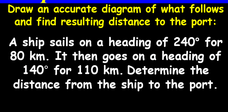 Draw an accurate diagram of what follows
and find resulting distance to the port:
A ship sails on a heading of 240° for
80 km. It then goes on a heading of
140° for 110 km. Determine the
distance from the ship to the port.